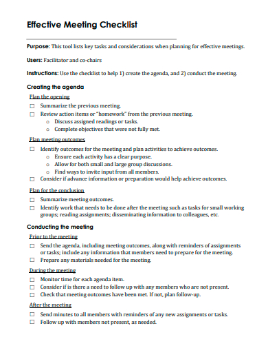effective meeting checklist template