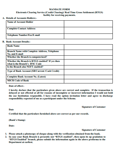 electronic clearing service mandate form template