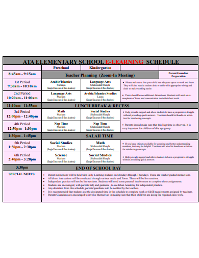 elementary school e learning schedule template