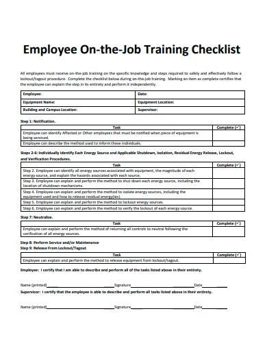 employee on the job training checklist template