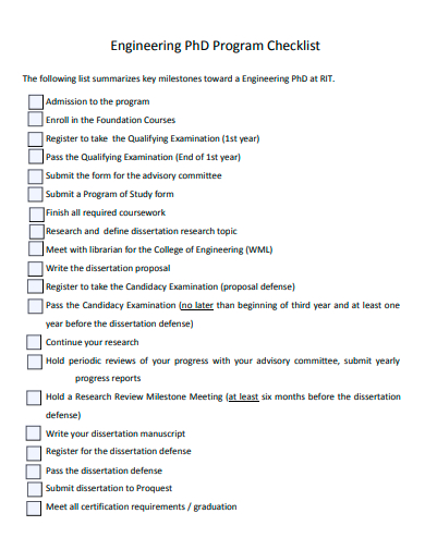 engineering phd program checklist template
