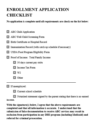 enrollment application checklist template