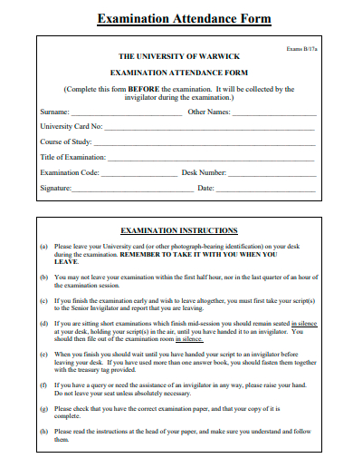 examination attendance form template
