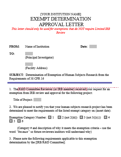 exemption determination approval letter template