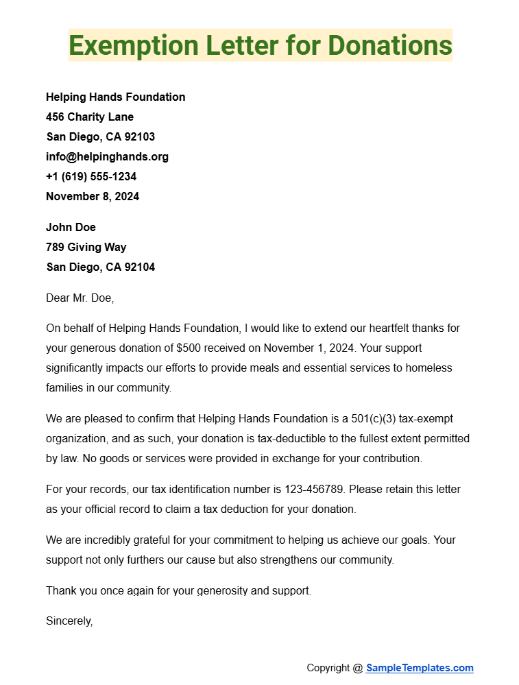 exemption letter for donations