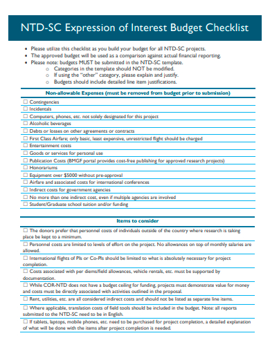expression of interest budget checklist template