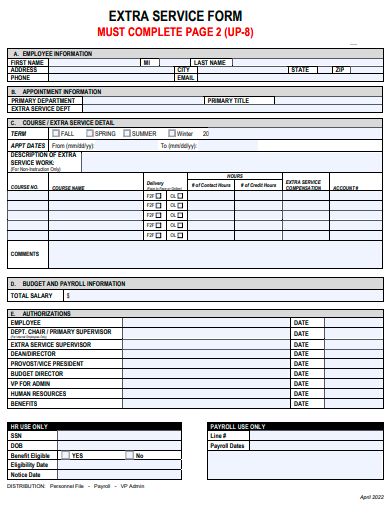 extra service form template