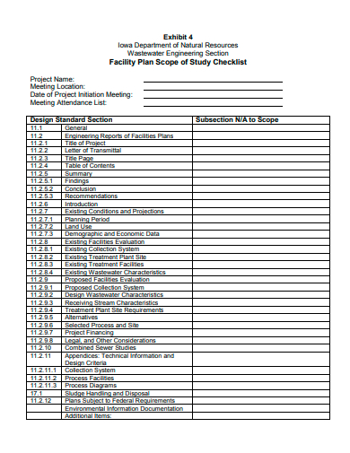 facility plan scope of study checklist template