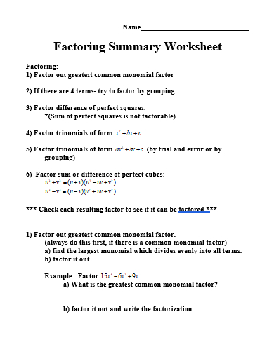 factoring summary worksheet template