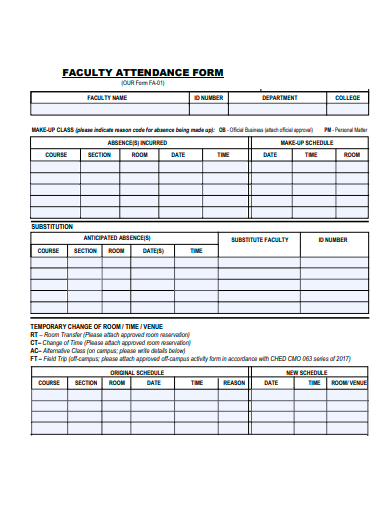 faculty attendance form template