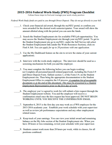 federal work study program checklist template