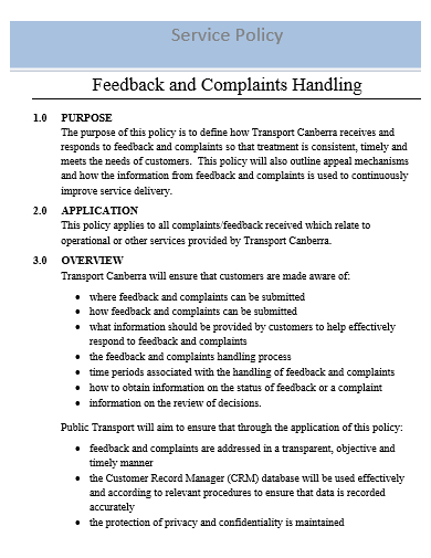 feedback and complaints handling service policy template
