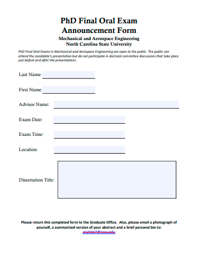 final oral exam announcement form template