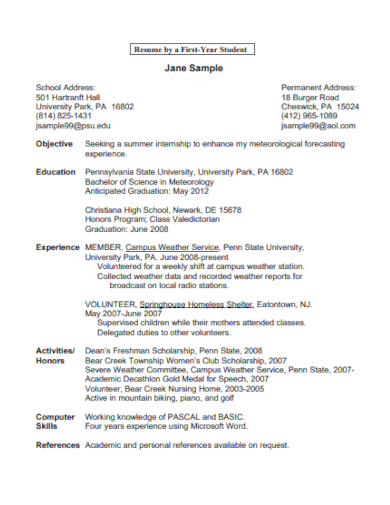 first year student professional resume