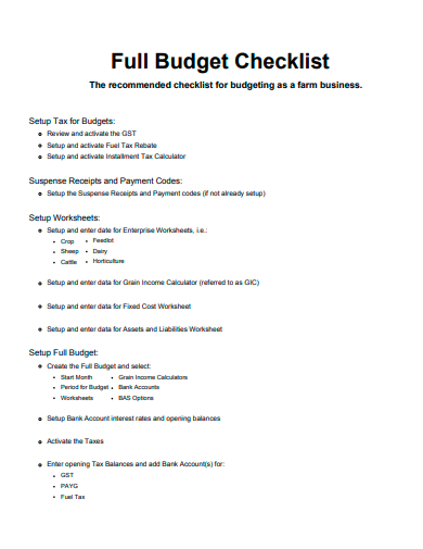 full budget checklist template