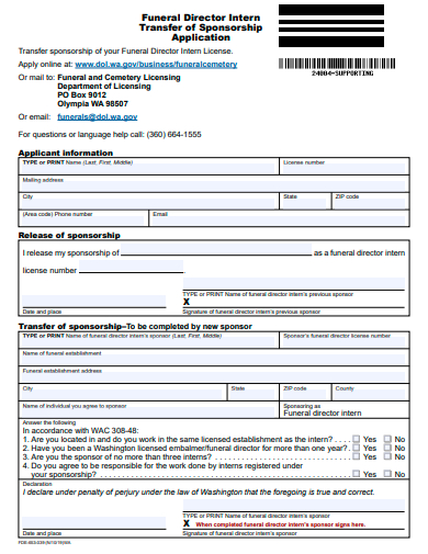 funeral director intern transfer of sponsorship application template
