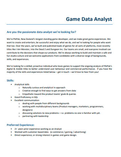 game data analyst template