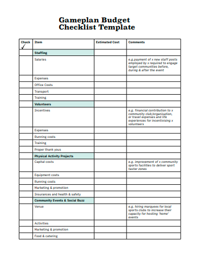 gameplan budget checklist template