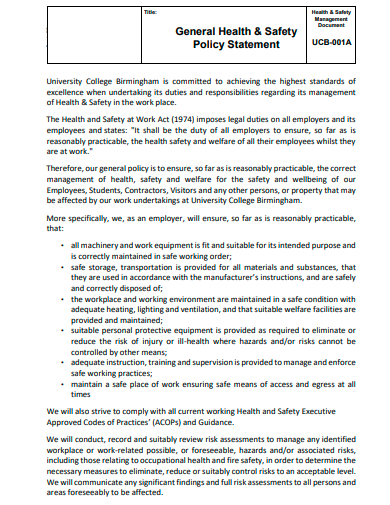 general health and safety policy statement template