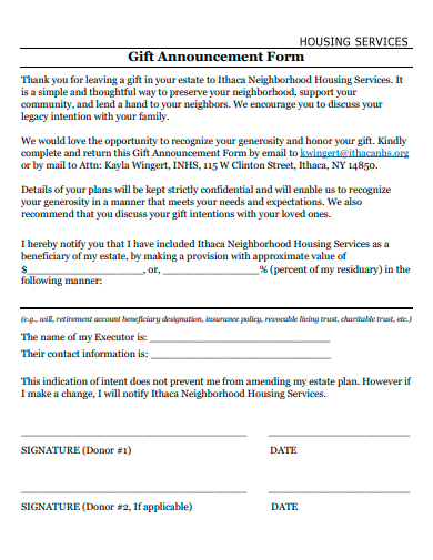 gift announcement form template
