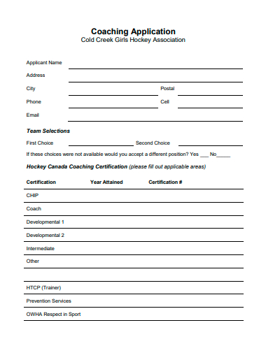 girls hockey association coaching application template