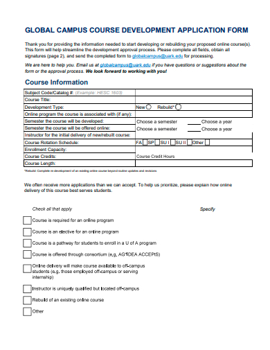global campus course development application form template