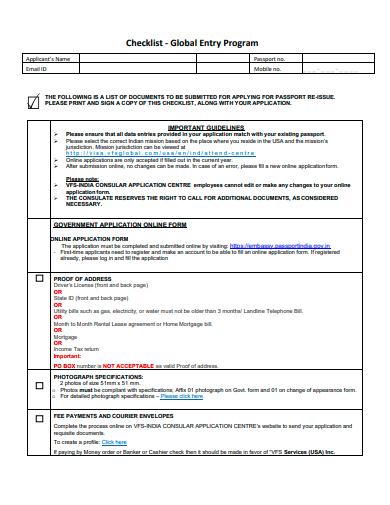 global entry program checklist template