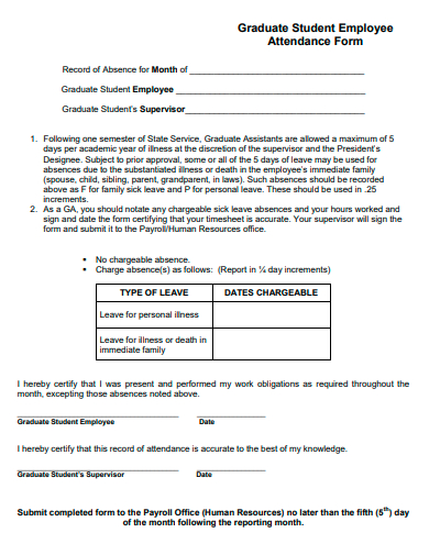 graduate student employee attendance form template