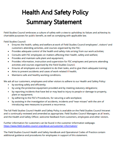 health and safety policy summary statement template