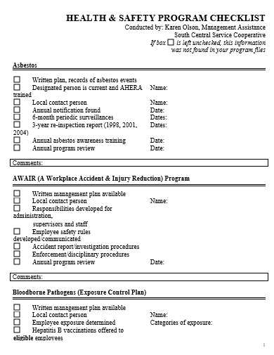 health and safety program checklist template