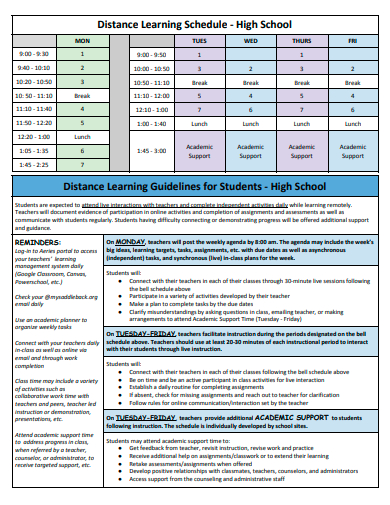 high school distance learning schedule template