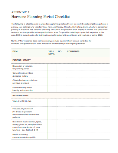 hormone planning period checklist template
