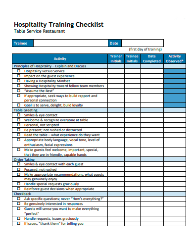 hospitality training checklist template