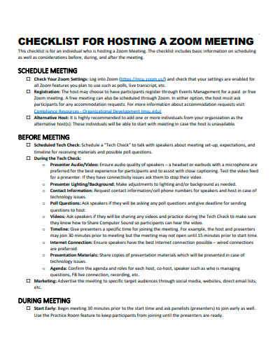 hosting a zoom meeting checklist template