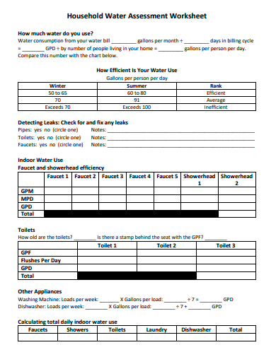 household water assessment worksheet template