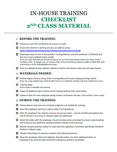 in house training checklist template