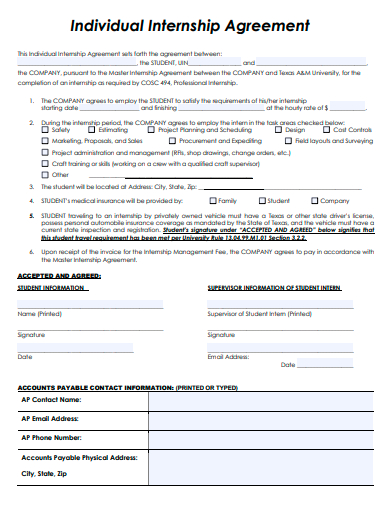 individual internship agreement template