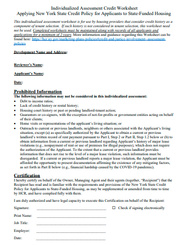 individualized assessment credit worksheet template