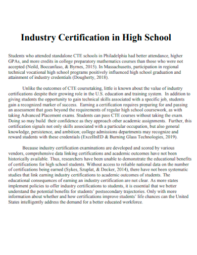 industry certification in high school