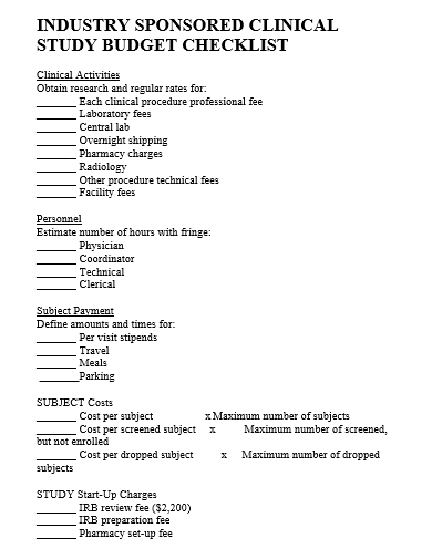 industry sponsored clinical study budget checklist template