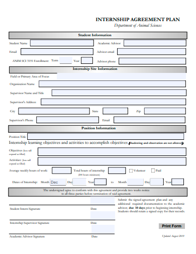 internship agreement plan template
