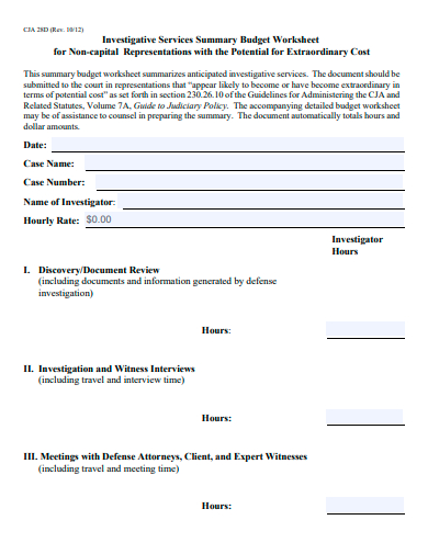 investigative services summary budget worksheet template
