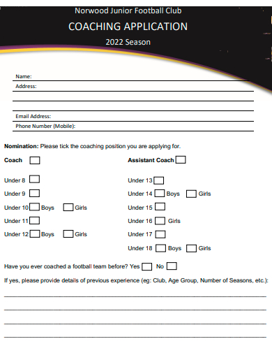junior football club coaching application template