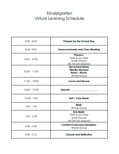 kindergarten virtual learning schedule template