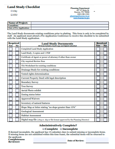 land study checklist template
