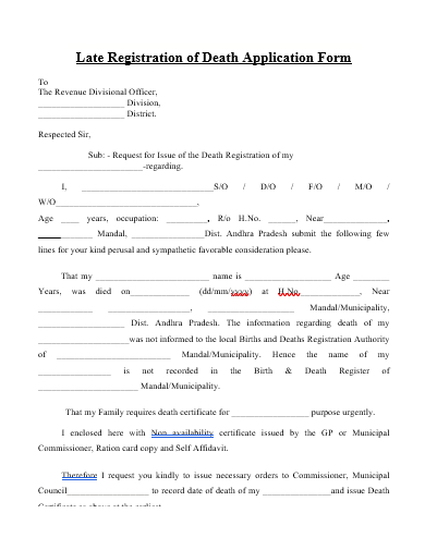 late registration of death application form template