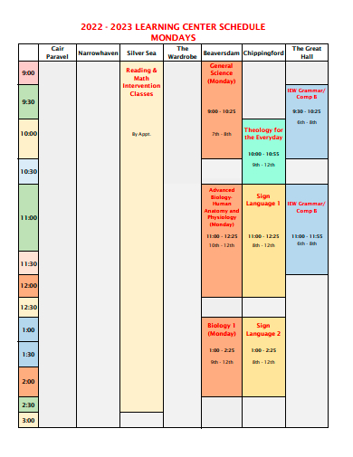 learning center schedule template