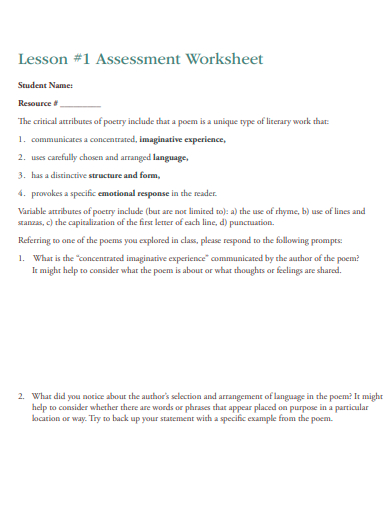 lesson assessment worksheet template