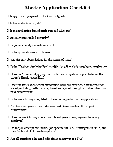 master application checklist template