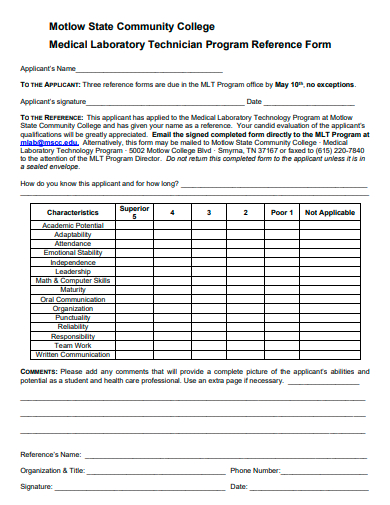 medical laboratory technician program reference form template